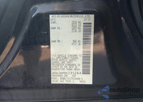 2014 Nissan Altima 2.5 Sv z USA, uszkodzony, nr VIN 1N4AL3AP0EN235264